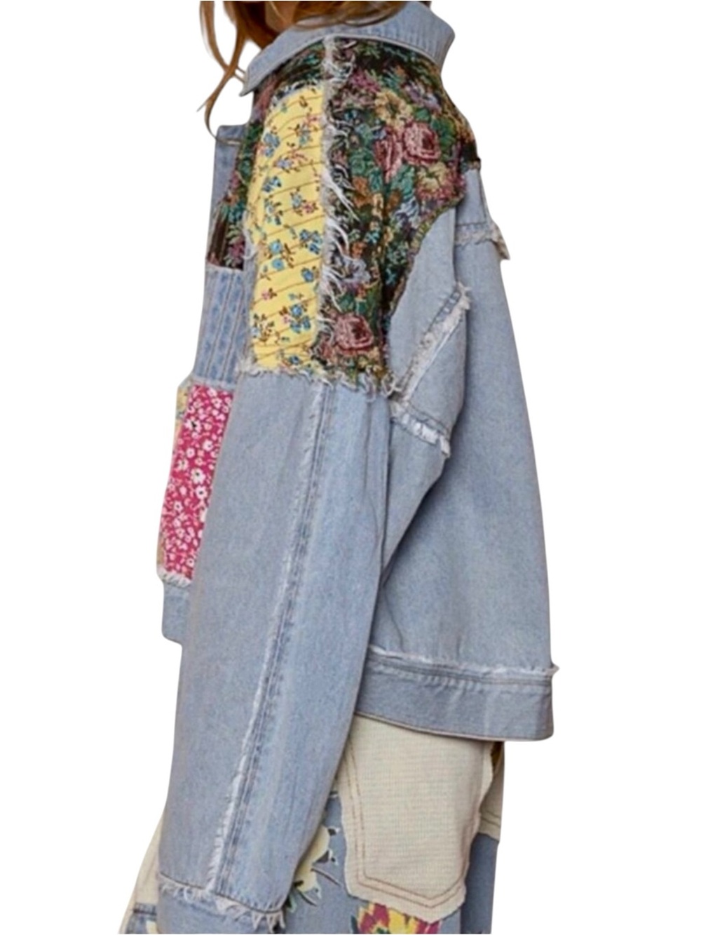 POL Patchwork Denim Jacket Small Boho Cropped Floral NWT - Picture 5 of 14
